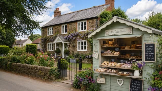 A charming cake shed displaying homemade bakes with bunting and a chalkboard sign